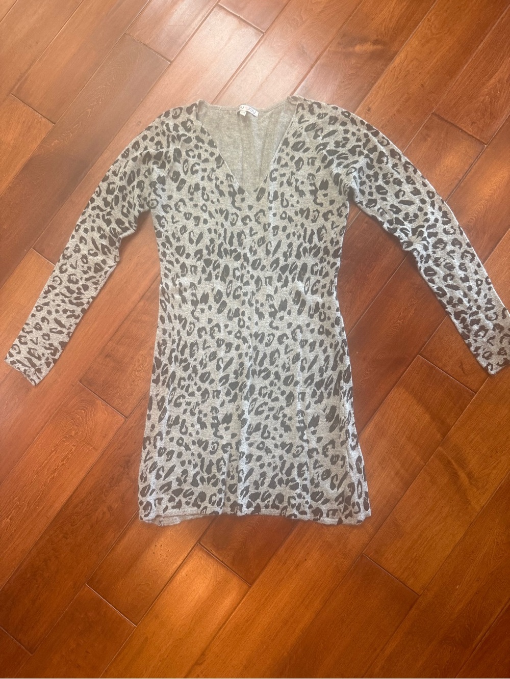 Joy Joy Gray Leopard-Print V-Neck Long-Sleeve Mini Dress
